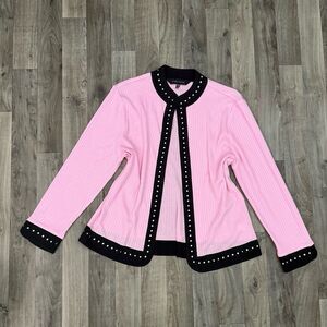 Ming Wang pink and black studded contrast piping cardigan